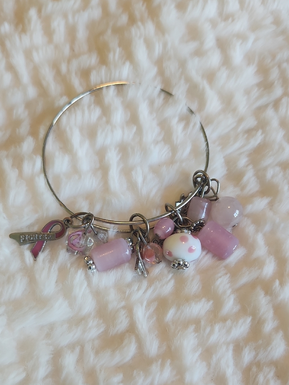 Pink Beaded Charm Bangle Bracelet - Breast Cancer Awareness